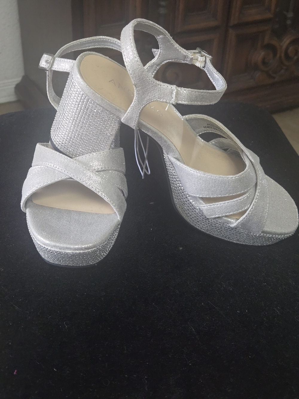 Sparkle Platform Heeled Sandals in Silver with Ankle Strap